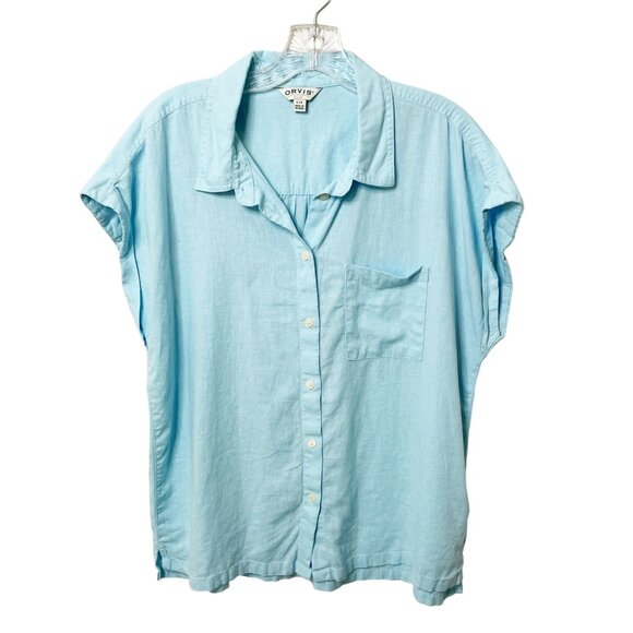 Orvis Womens Button-Up Short Cap Sleeves Linen Blend Light Blue Shirt Size Large - Picture 6 of 6